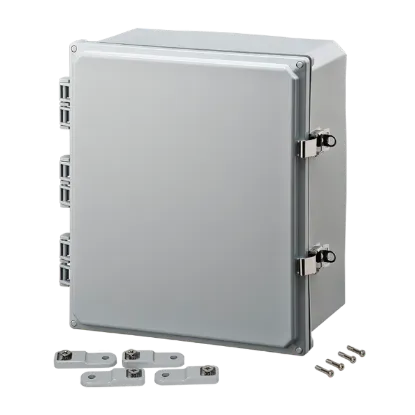 Picture of H141206HLL Polycarbonate enclosure 14x12x6 (in) with hinged cover, latches, feet, UL/cUL listed, IP66 by Integra Enclosures, Ltd.