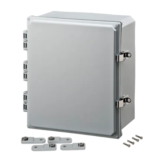 Picture of H141206HLL Polycarbonate enclosure 14x12x6 (in) with hinged cover, latches, feet, UL/cUL listed, IP66 by Integra Enclosures, Ltd.