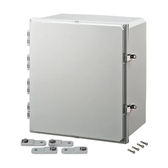 Picture of H181610HLL Polycarbonate enclosure 18x18x10 (in) with hinged cover, latches, feet, UL/cUL listed, IP66 by Integra Enclosures, Ltd.