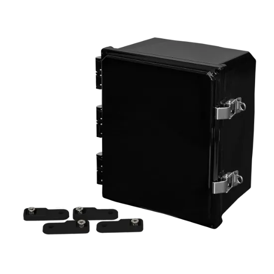 Picture of H12106HLL-BLK  Black Polycarbonate enclosure 12x10x6 (in) with hinged cover, latches, feet, UL/cUL listed, IP66 by Integra Enclosures, Ltd.