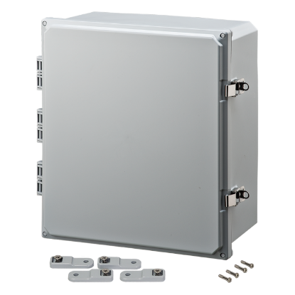 Picture of H161407HLL Polycarbonate enclosure 16x14x7 (in) with hinged cover, latches, feet, UL/cUL listed, IP66 by Integra Enclosures, Ltd.
